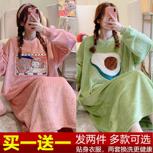 加绒睡裙女秋冬季珊瑚，绒睡衣裙女卡通学生，小个子连衣裙小香风