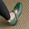 复古墨绿色牛皮丁字带单鞋林印象自制2023早春文艺风方头中跟女鞋
