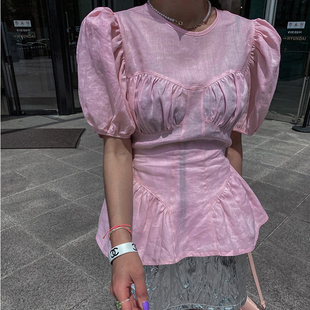 韩国复古夏设计感收腰显瘦雪纺衬衫甜美泡泡袖气质绑带上衣女