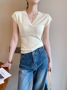 PINKEEN米白色V领短袖针织衫女夏季2023修身显瘦时尚洋气上衣