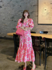 夏季高端气质韩国chic玫红色牡丹花泡泡袖，荷叶边长连衣裙