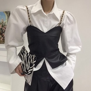 韩国chic法式气质POLO领单排扣泡泡袖衬衫+收腰PU皮金属吊带马甲