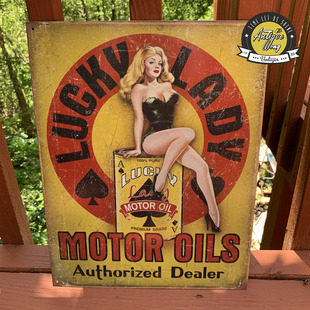 美国复古汽车女郎 Lucky机油广告铁皮海报 Vintage展陈 挂画