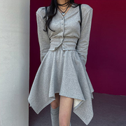 韩国chic早秋复古气质v领长袖短款卫衣，+高腰显瘦不规则半身裙套装