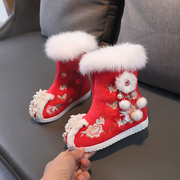 汉服鞋子女童冬季红色，中国风拜年鞋儿童，棉靴古装绣花鞋民族风靴子