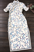 茧玥手工旗袍老上海高端定制店蓝色青花瓷，真丝传统改良短袖长款