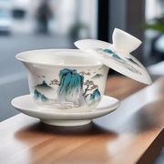 羊脂玉手绘悬停盖碗单个盖子陶瓷，泡茶碗白瓷，悬浮三才敬茶碗茶具