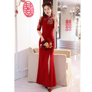 中式红色敬酒服新娘，2024春季高端优雅改良旗袍结婚鱼尾长款晚礼服