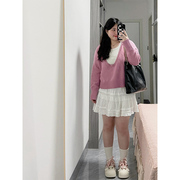 大码胖mm早春搭配一整套韩系学院风粉色毛衣背心半身裙叠穿三件套