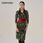 香莎chansarr优雅气质凤尾刺绣，连衣裙别致设计民族，风花色长裙