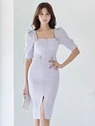 口袋里的衣橱，韩国2023年春款4.7显白方领拉链包臀显瘦连衣裙