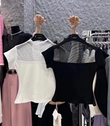 韩版2023网纱微透蕾丝拼接短袖T恤女性感修身上衣纯欲风短款小衫