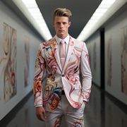 粉色花朵花纹图案西装套装2024流行男士韩版修身休闲西装