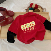 男女童装假两件宝宝打底衫长袖T恤2024新年衣服红色喜庆儿童上衣