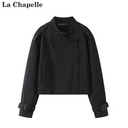 拉夏贝尔lachapelle春季2024黑色风衣，外套翻领双排扣上衣女