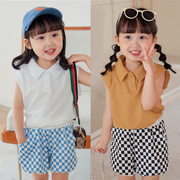 夏季儿童格子短裤背心两件套韩版童套装polo领中小童，无袖棉热裤潮