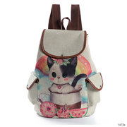 跨境创意欧美时尚卡通猫咪印花学生书包大容量可爱麻布女式双肩包