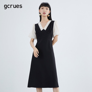 gcrues黑色v领连衣裙女显瘦拼接夏轻熟风气质，过膝长裙泡泡袖