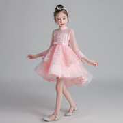 儿童礼服公主裙前短后长女童，白色粉色裙子秋冬不规则长袖连衣裙