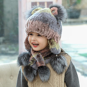 男童可爱毛球编织帽秋冬户外女孩，加厚保暖獭兔毛冬天护耳皮草帽子