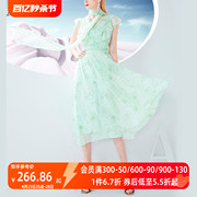 aui绿色减龄雪纺印花连衣裙女2024夏小众(夏小众，)设计气质修身v领长裙