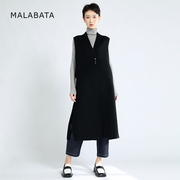 玛拉葩塔2023年秋季设计感后宽腰带中长款纯色，无袖羊毛马甲女