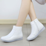 秋冬季女鞋平跟短靴女真皮，白色靴子护士鞋牛筋底工作鞋加绒棉靴