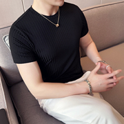 短袖t恤男圆领修身潮牌冰丝薄款体恤，韩版潮流黑色，条纹高弹力(高弹力)半袖