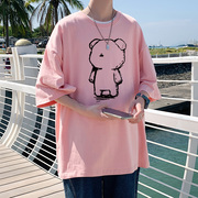 藕粉色T恤男女情侣半袖中袖五分袖纯棉体桖上衣男装糖果彩色t桖衫