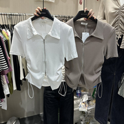 popo 23夏季colour韩版气质翻领拉链褶皱抽绳显瘦短袖T恤开衫