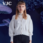 vjc威杰思秋冬女装，米白针织灯笼，袖镂空提花短款上衣