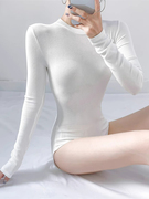 圆领连体衣女春秋个性洋气弹力修身白色长袖T恤性感紧身打底衫潮