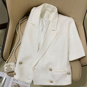 米白色短款西装外套女2024夏季设计感英伦，短袖薄款小香风西服