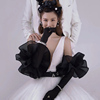 优雅黑色丝绒长手套双层荷叶边造型婚纱礼服手袖影楼结婚拍照生日