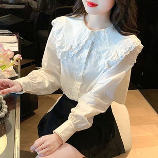 甜美气质娃娃领衬衫，女春装2024年法式宫廷风，长袖雪纺长袖上衣