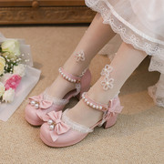 原创~洛丽塔甜美日系厚底包头少女凉鞋时尚中跟蝴蝶结串珠公主鞋