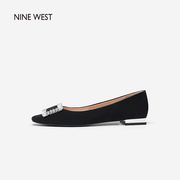 Nine West/玖熙2023年春季低跟单鞋女钻扣方头绒面通勤平底鞋