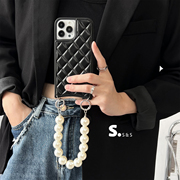 15pro韩国小众iphone14max手提腕带挂绳11手机壳，13苹果12适用手机链珍珠链条立体菱格黑色高级感保护套