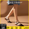 beautoday夏季真皮粗跟一字，扣时装凉鞋，女鞋包头复古法式英伦单鞋