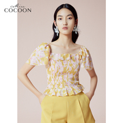 cocoon商场同款印花上衣，2023夏季女装，修身短款真丝雪纺衫