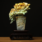 尚品美格天然岫玉摆件花玉原石一体雕刻牡丹，花瓶平安富贵ca432