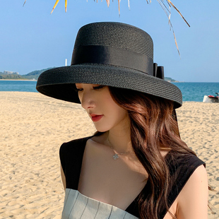 复古法式赫本黑色网红草帽遮阳防晒海边沙滩帽子女春夏大沿太阳帽