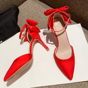红色婚鞋宴会新娘鞋女细跟时尚，尖头一字扣凉鞋大码404143高跟鞋
