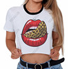 Sexy Leopard Lip Crop Tops 欧美性感豹纹红唇鲜花印花露脐T恤