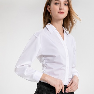 2024纯白色弹力长袖衬衣，气质v领系带收腰衬衫，女小众设计感