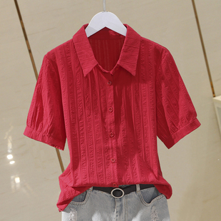 大红色棉布短袖衬衫女2024夏polo领简约气质，百搭衬衣时尚上衣