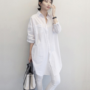 韩国宽松bf风大版棉中长款白色衬衫女大码长袖衬衣2024年春秋