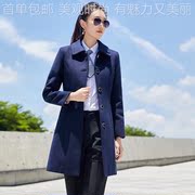 中英伦风长款外套身，大衣yy1871纯色藏青色，无修腰带气女质通勤翻领