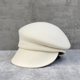 日系奶白色短檐羊毛呢马术，帽鸭舌帽子女秋冬毡帽，纯色报童帽骑士帽