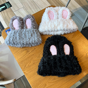 韩版可爱毛绒兔耳朵帽子女秋冬保暖针织帽护耳显脸小粉色包头帽潮